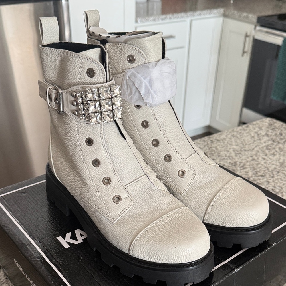 Karl Lagerfeld White Combat Boots with Studded Buckle